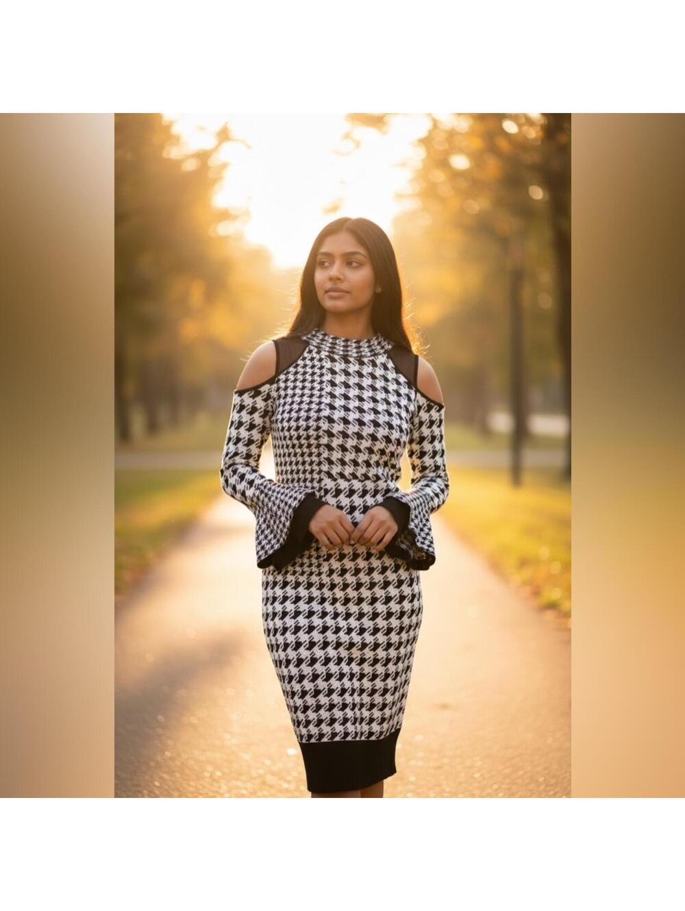 Venus Black White Houndstooth Cold Shoulder Knit Dress Size S [COPY]
